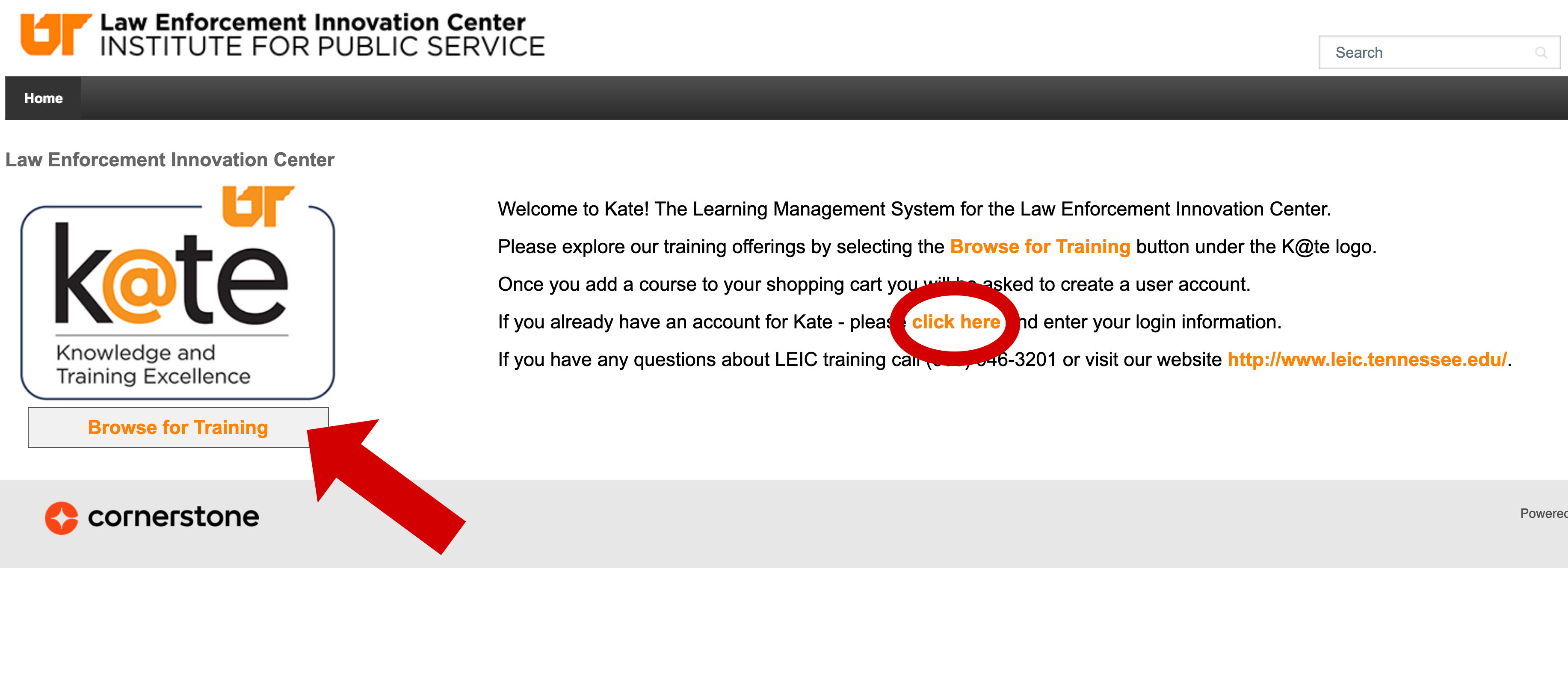 A screenshot of the K@TE homepage for LEIC training.
