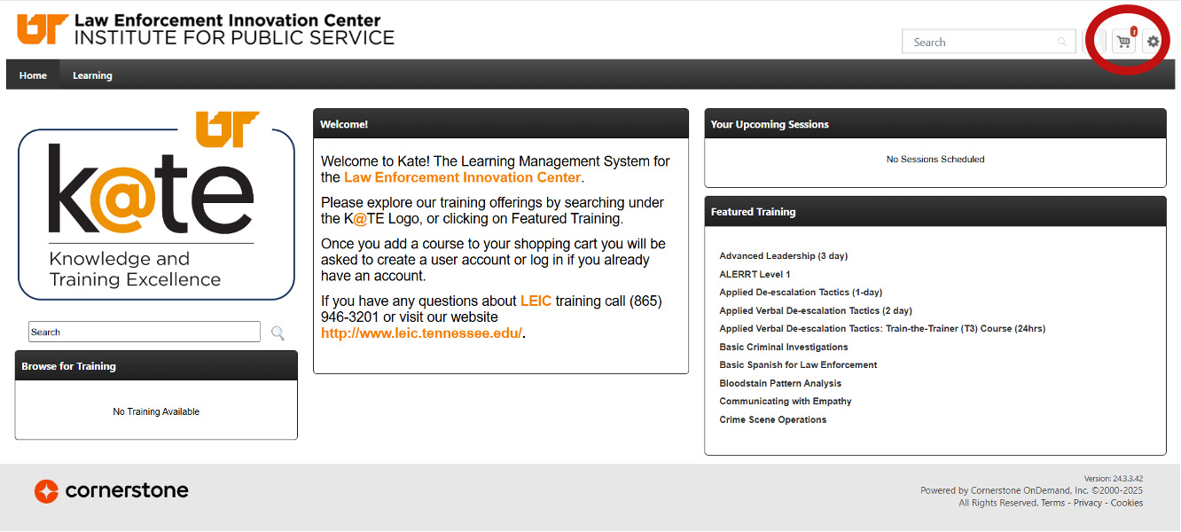 The K@TE homescreen with the shopping cart icon highlighted with a circle in the top right corner.