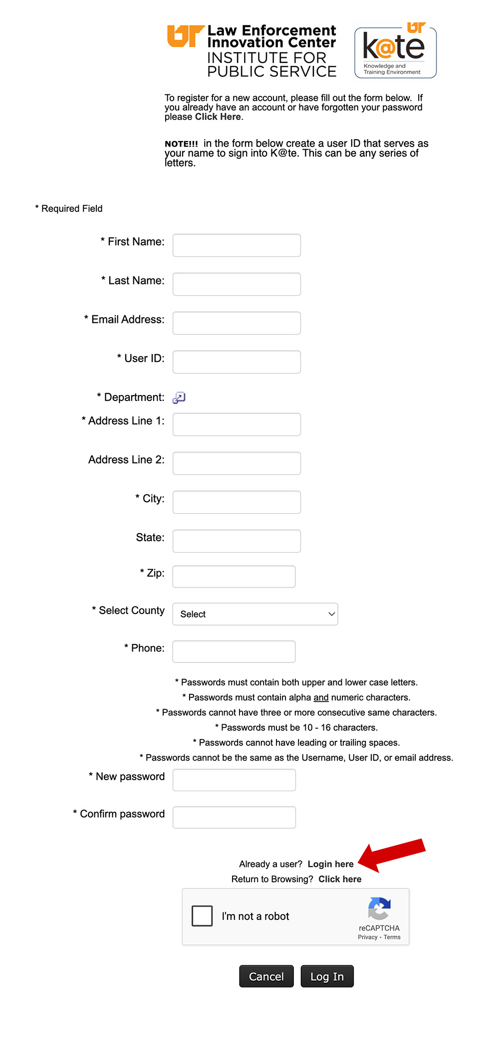 A K@TE registration page screenshot showing the link to login at the bottom.