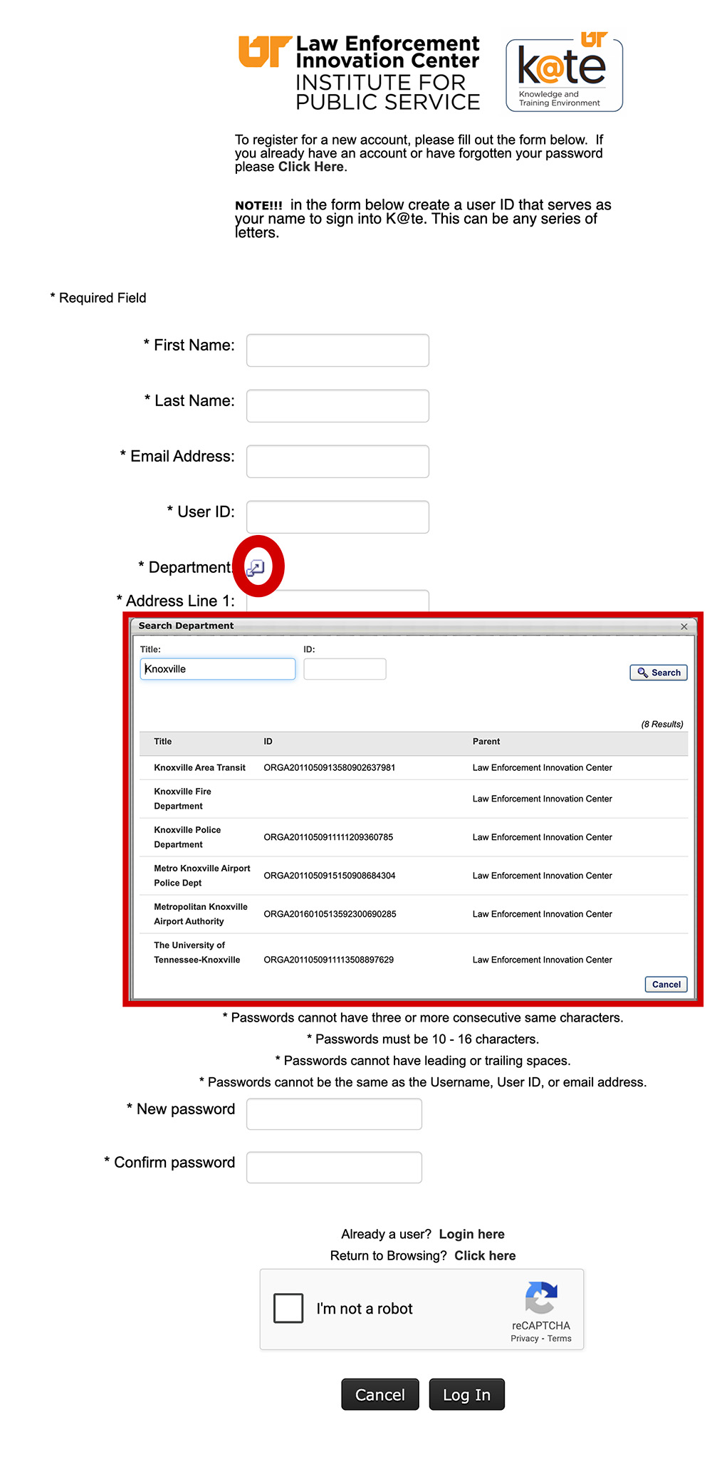 A screenshot showing how to search for a department for K@TE registration.