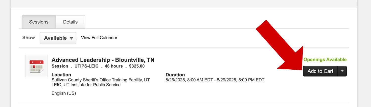 Screenshot showing how to select a training session within K@TE.